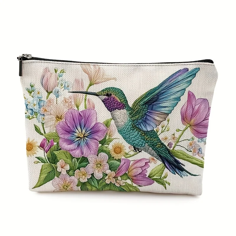 Tas riasan burung kolibri putih yang cerah dan bermotif bunga - kantong ritsleting multifungsi yang lucu untuk wanita, tas penyimpanan perhiasan