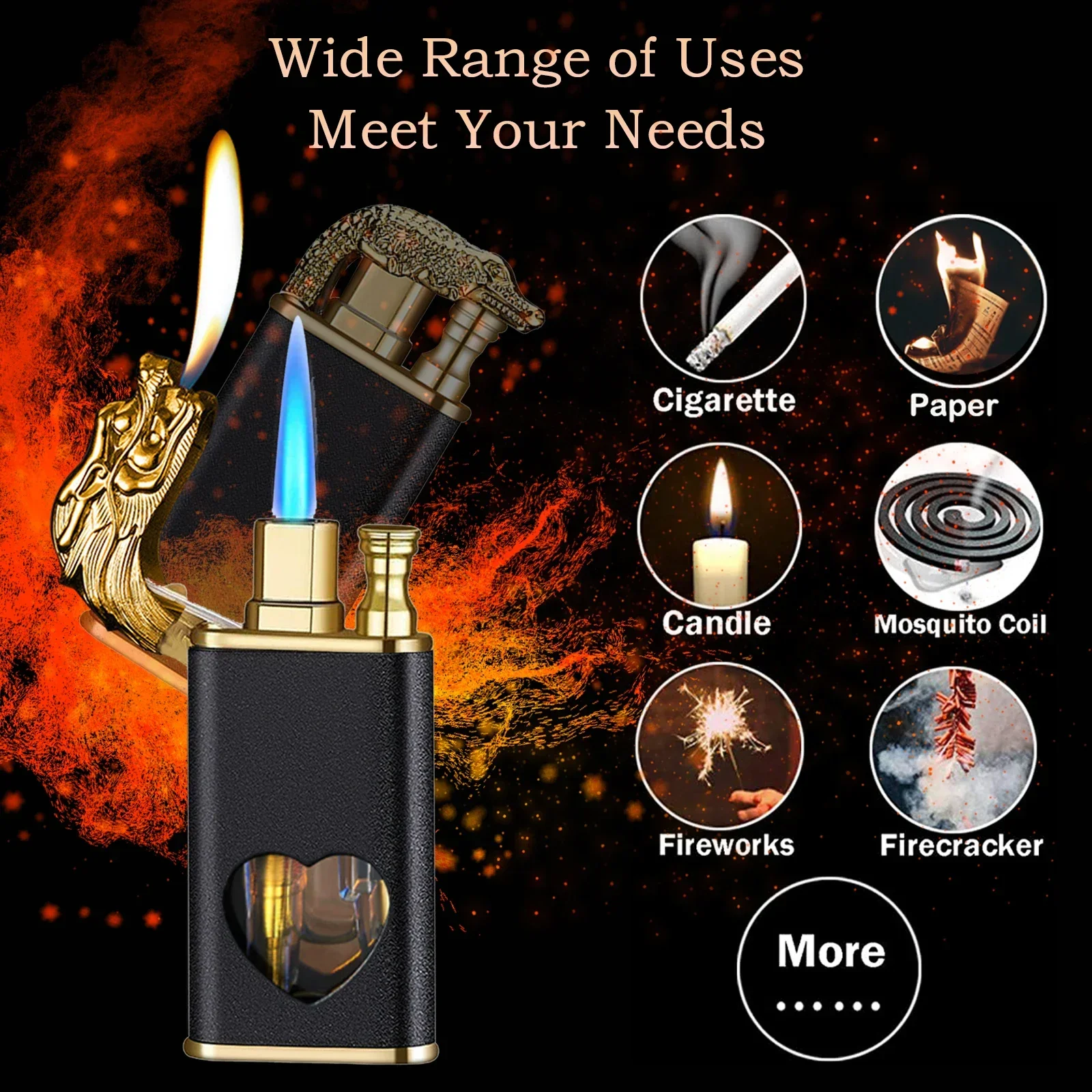 Windproof Double Flame Conversion Lighter Metal Visible Gas Window Lighter Inflatable Butane Crocodile Lighter Men's Gift