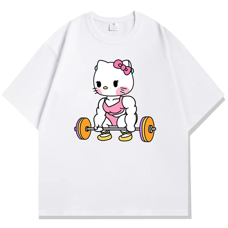 

Hello Kitty Pink Muscle Cartoon Printed Short Sleeve Summer Cotton T-shirt Flower Plus Size Shirt Casual Harajuku Top