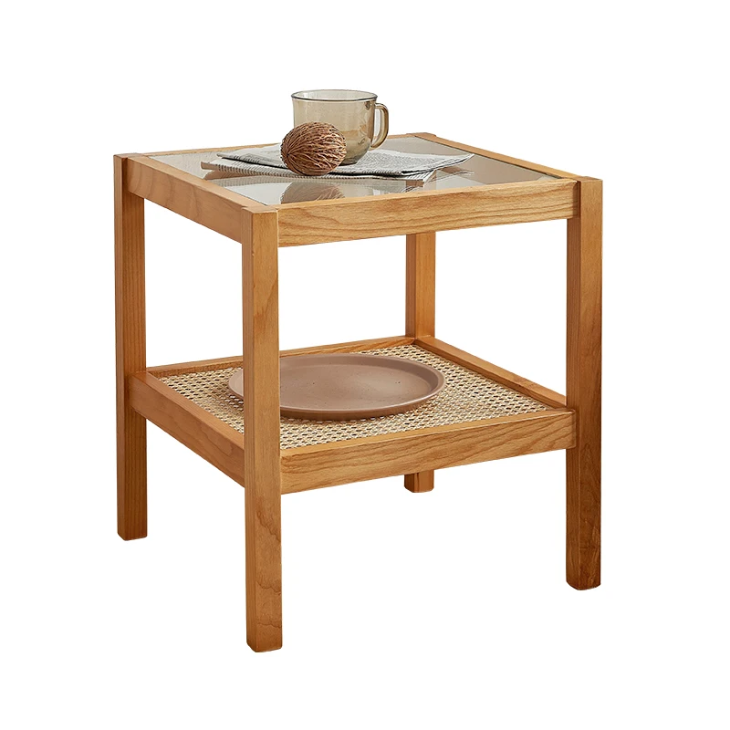 Japanese solid wood rattan woven bedside mini table living room balcony double creative tea table sofa side cabinet table