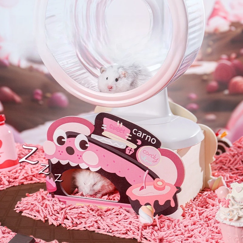 Mainan Tempat Persembunyian Gaya Toko Permen Hamster Dekorasi Kandang Platform Tangga Roda Lari Aksesori Rumah Taman Bermain Hewan Peliharaan Kecil Desain Lucu