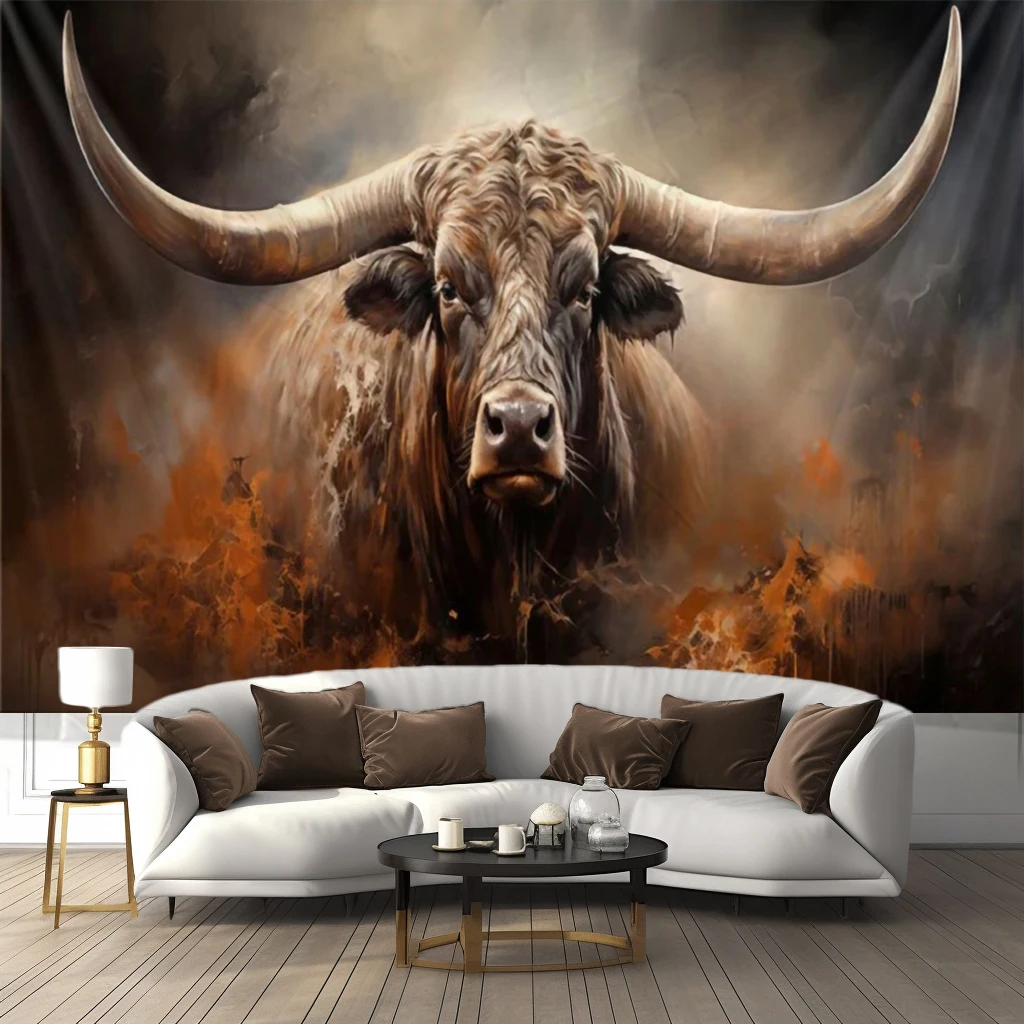 Powerful Bull With Large Horns Wall Hanging Animal Portrait Art Brown Tone Home Decor For Modern And Western Style