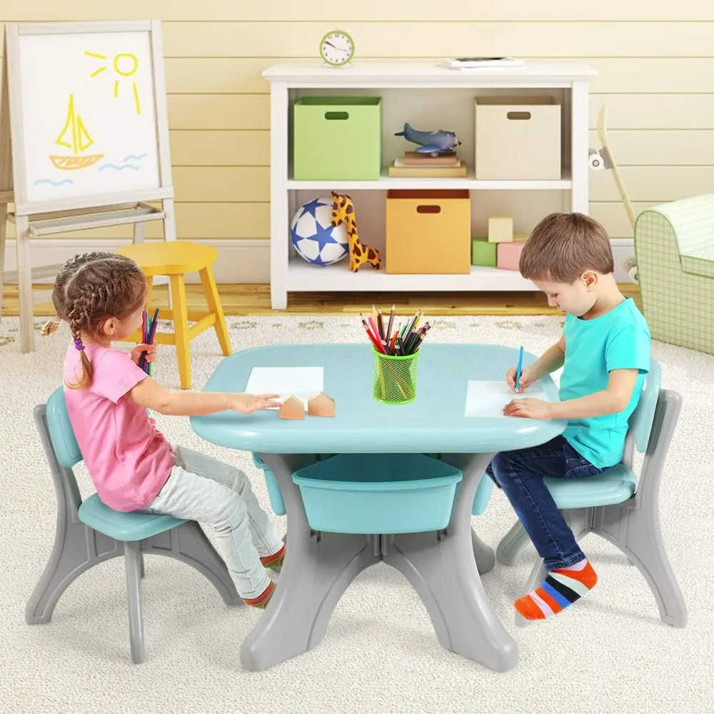 Kids Table and Chair Set, 3 Piece Activity Table w/Detachable Toy Storage Bins & 2 Chairs for Children Reading Art Craft