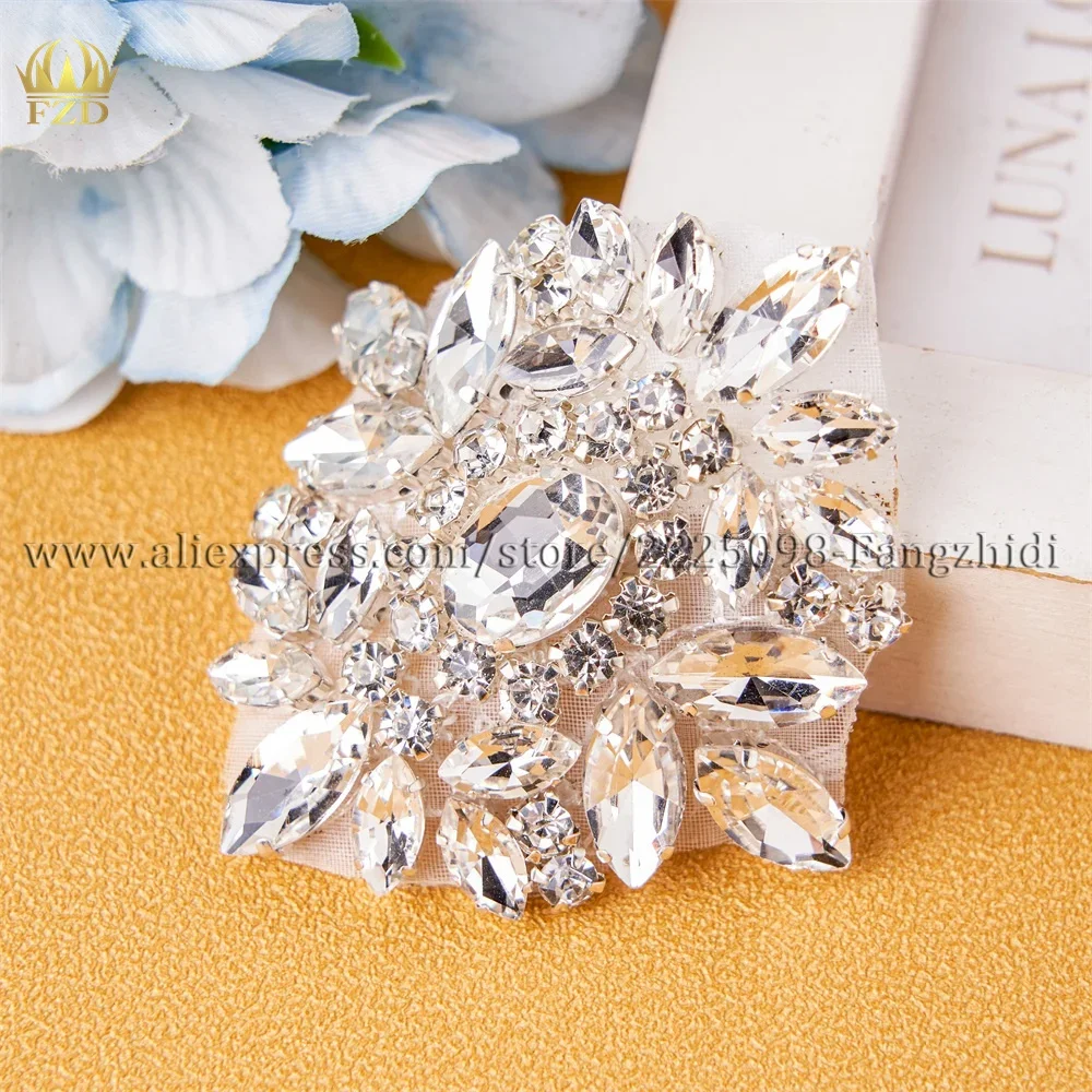 FZD 1 PC Silver Crystal Rhinestone Applique Gold Patch DIY Iron on For Wedding Dresses Shoe Accessories Rhinestone Applique