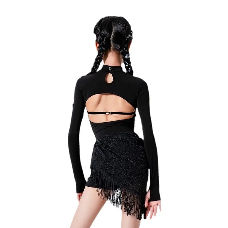 カスタマイズされたラテンダンススーツエレガントなハイネック背中の開いた長袖トップ不規則なタッセルスカート練習パフォーマンス衣装セット