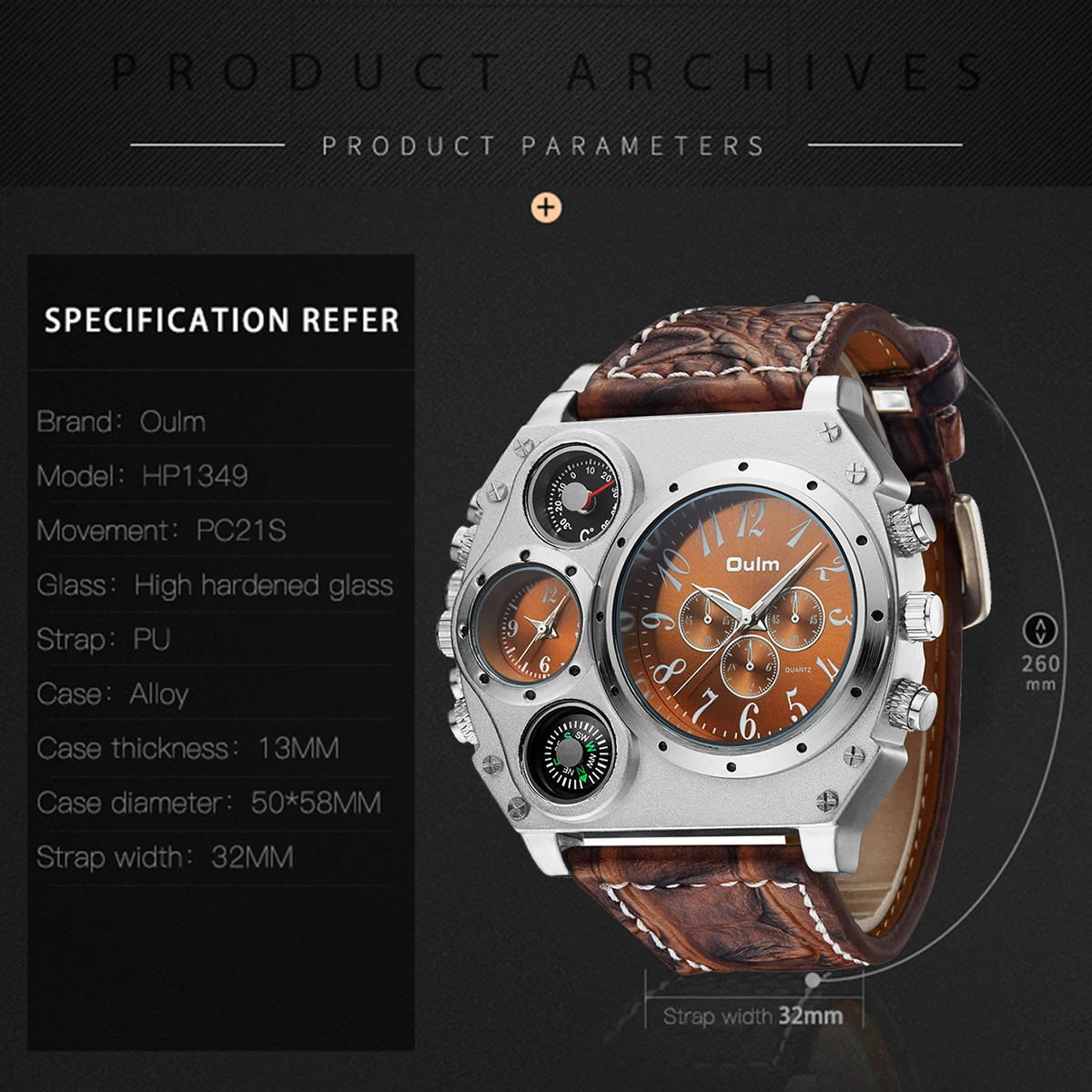 Oulm Unique Designer Brand Male Sports Watch Multiple Time Zone Quartz Watches Big Dial Casual Wristwatch Mens Military Watch