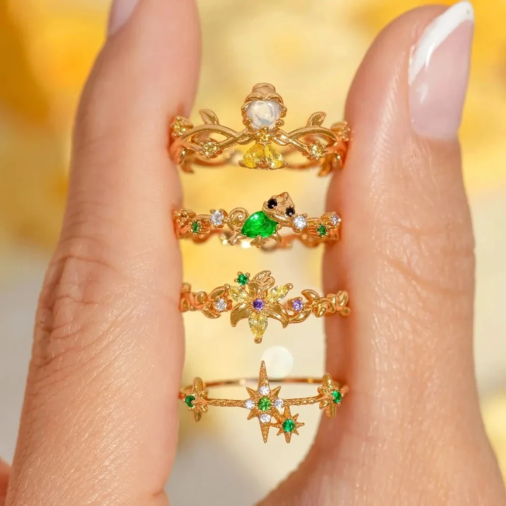 18K Vergoldeter Bunter Neuer Märchenprinzessinnen Zirkonia-Ring für Frauen und Mädchen mit Öffnungsdesign Hochwertiger Schmuck