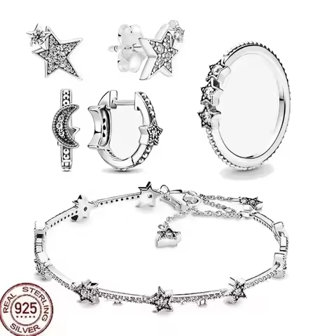 New Hot selling 925 Pure Silver Sparkling Star Set Series Bracelet Earrings Ring Fashion Women's Jewelry Birthday Gift