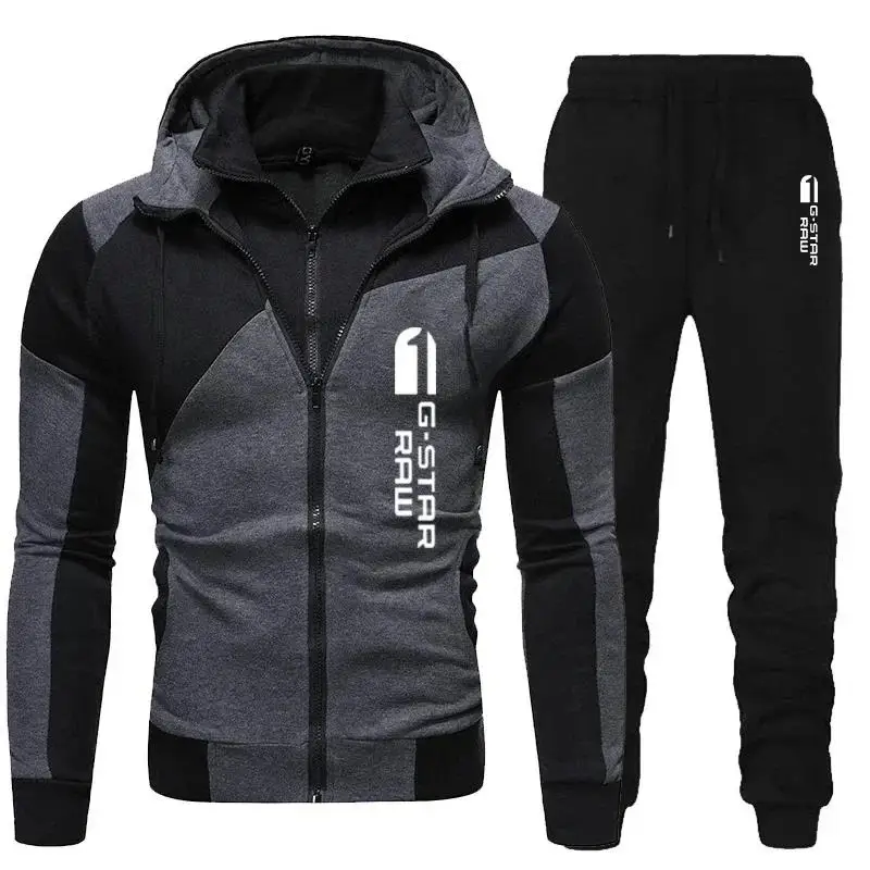 Fall Winter Men\'s Zipper 2-piece Hoodies Sweatpants Patchwork Sports Pullover Casual Pants Fashion