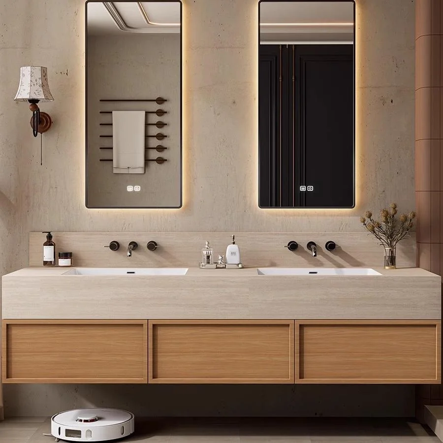 &c Solid Wood Bathroom Cabinet with Integrated Stone Countertop Washbasin Set Smart Mirror Included Hospital & Workshop Use