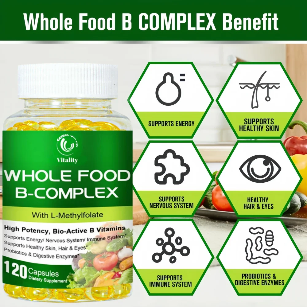 Vitamin B Complex Capsules B1, B2, B3, B5, B6, B7, B9, B12 Whole Food Supplement for Stress, Energy and Immune Support Non-GMO