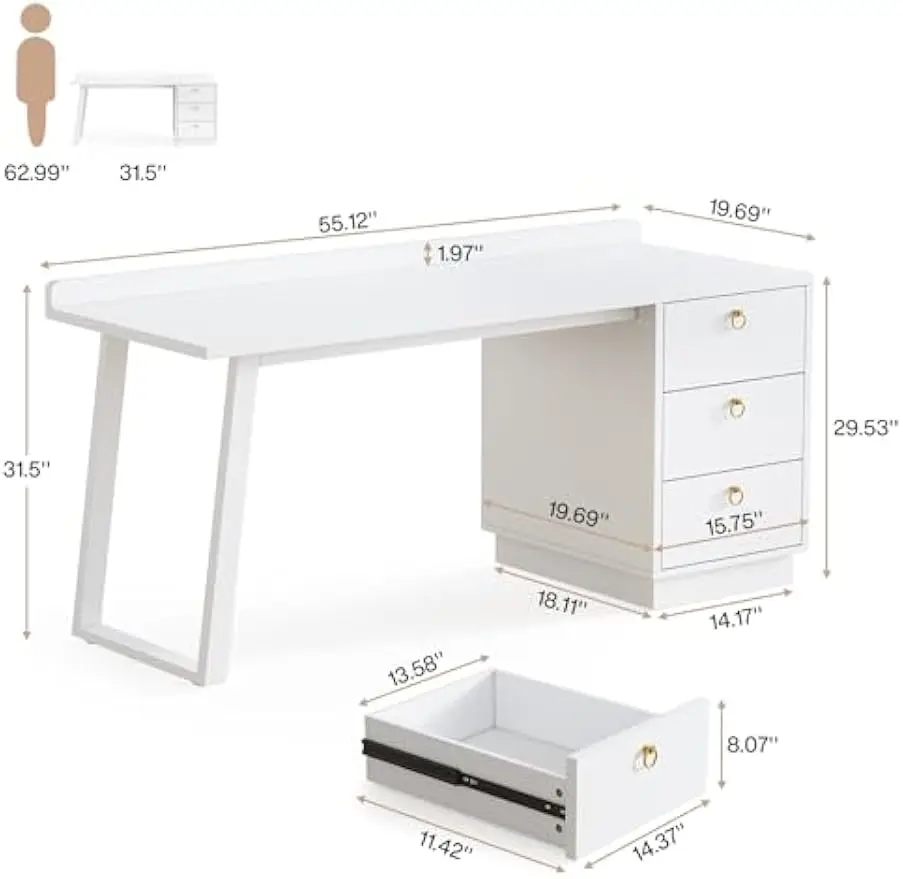 Tribesigns Modern White Computer Desk with Drawers 55