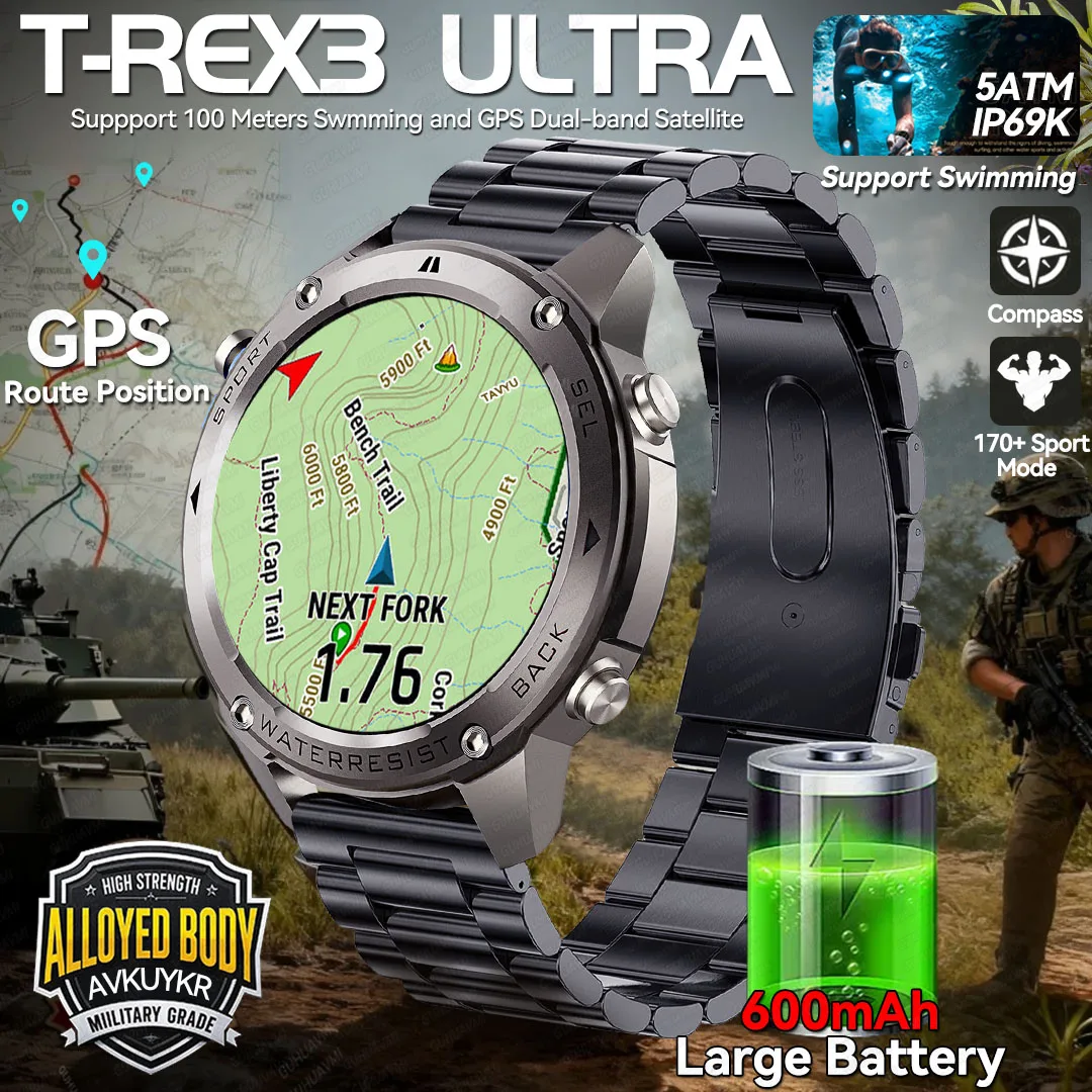 

New T-REX3 Ultra GPS Position Smart Watch Men Compass Altimeter Dual-band GNSS Voice Calling Sport Smartwatches 10ATM Waterproof