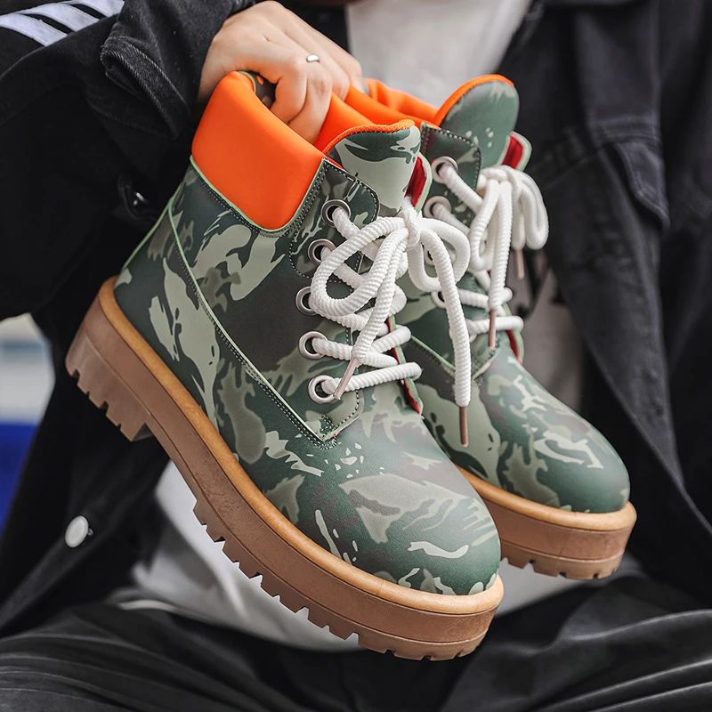 

Нишевая новая мужская обувь, камуфляжные высокие модные мотоциклетные кожаные туфли, удобные ботинки для отдыха на открытом воздухе, мужские ботинки на шнуровке