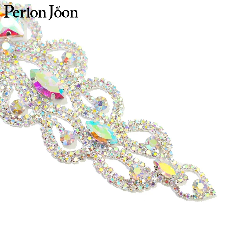 flower shape Silver AB Crystal Long Rhinestone Applique DIY Sew on Wedding Dresses Headbands Belts Decorative Accessories YHC039 image 4