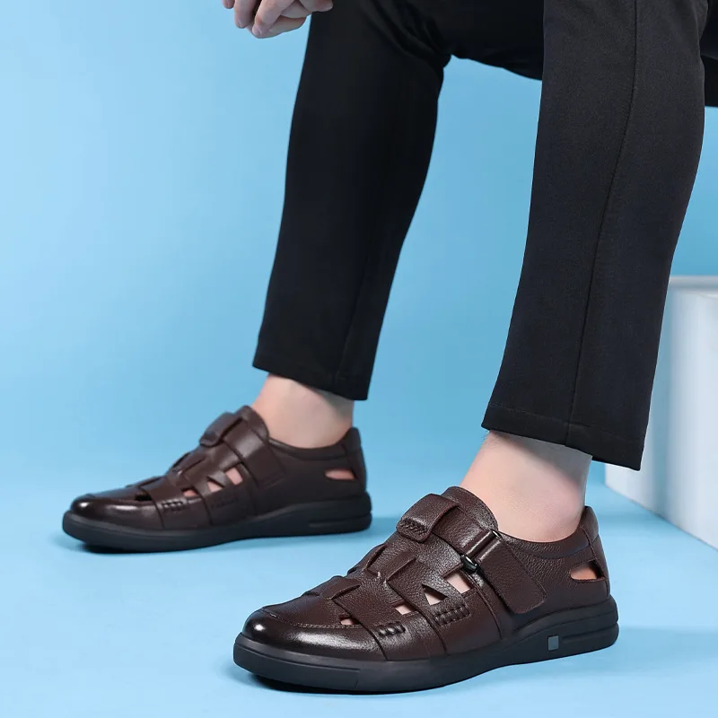 Fashion Mens Genuine Leather Sandals 2023 Summer Flat Soft Cow Leather Male Footwear Thick Sole Brand Black Casual Shoes