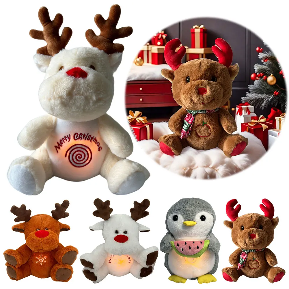 Christmas Elk Plush Stuffed Animal with Music Lights Rhythmic Breathing Motion Comfort Doll Musical Baby Toy Gifts for Newborns