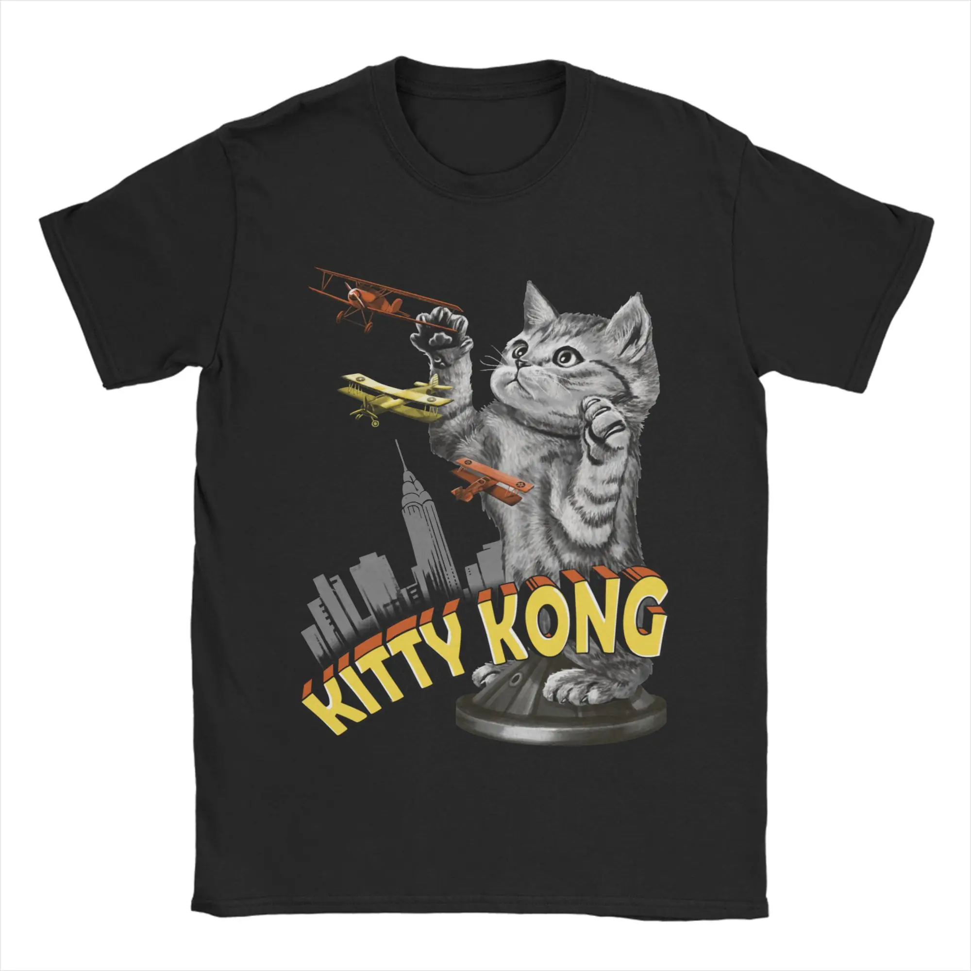 Ullzang Kitty T-Shirt Men Round Neck Short Sleeve Clothes Japan Monster Kaiju Parody Cat Catzilla Cotton Summer Tops