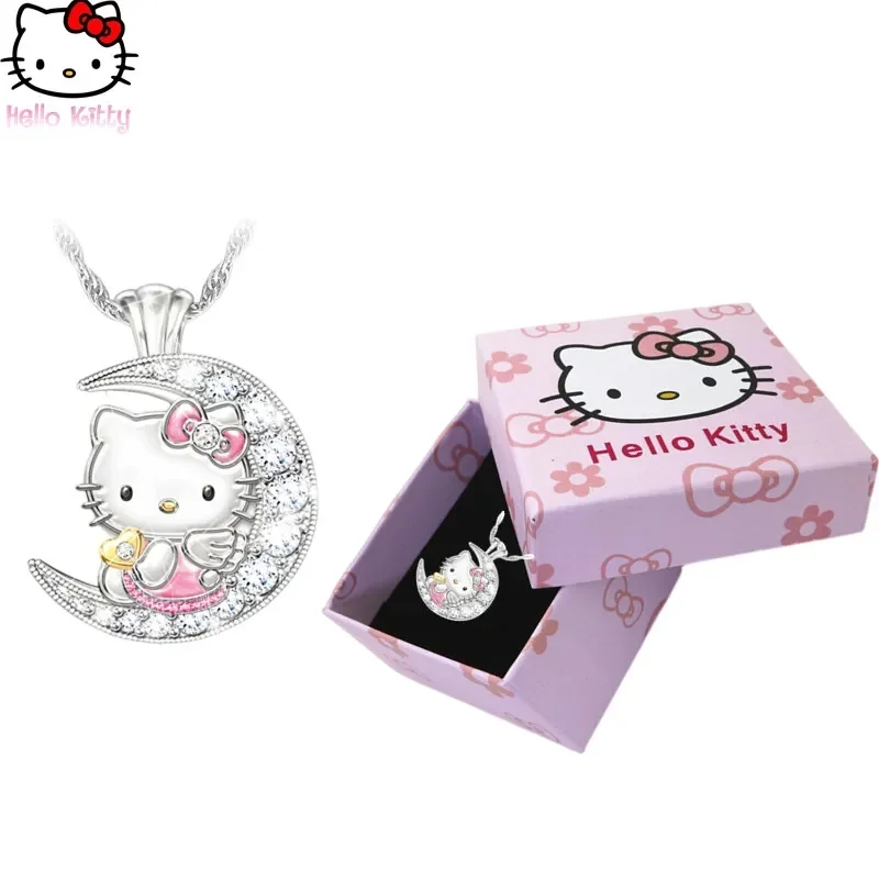 Kawaii Anime Necklace Hello Kitty Girl Necklace Moon Inlaid Diamond Crystal Jewelry Cartoon Pendant Ring Gift Box Birthday Gift