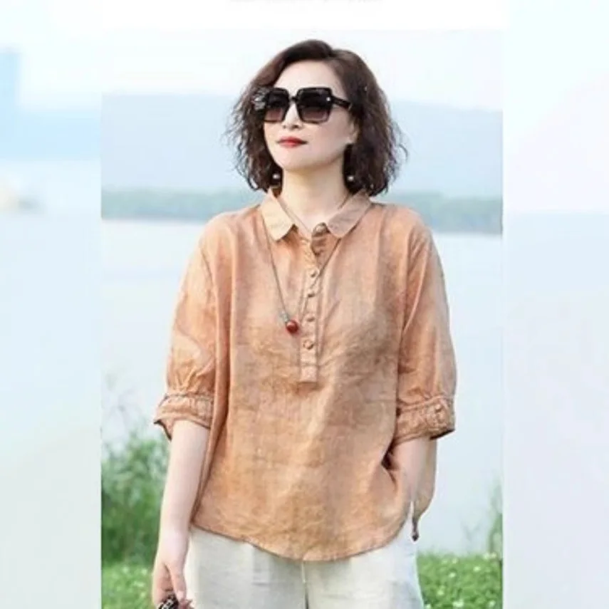 

Slimming Loose Cotton Linen Shirt Women's Summer Thin Top Small Shirt Stylish For Middle-Aged Mothers Fashionable Button-Up