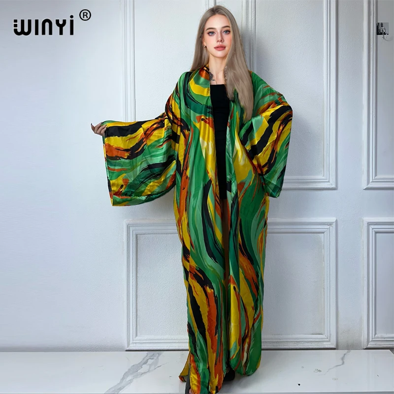 WINYI Kimono Summer Abstract oil painting print Cardigan Female Blouse abaya cover up beach women boho maxi dress party kaftan