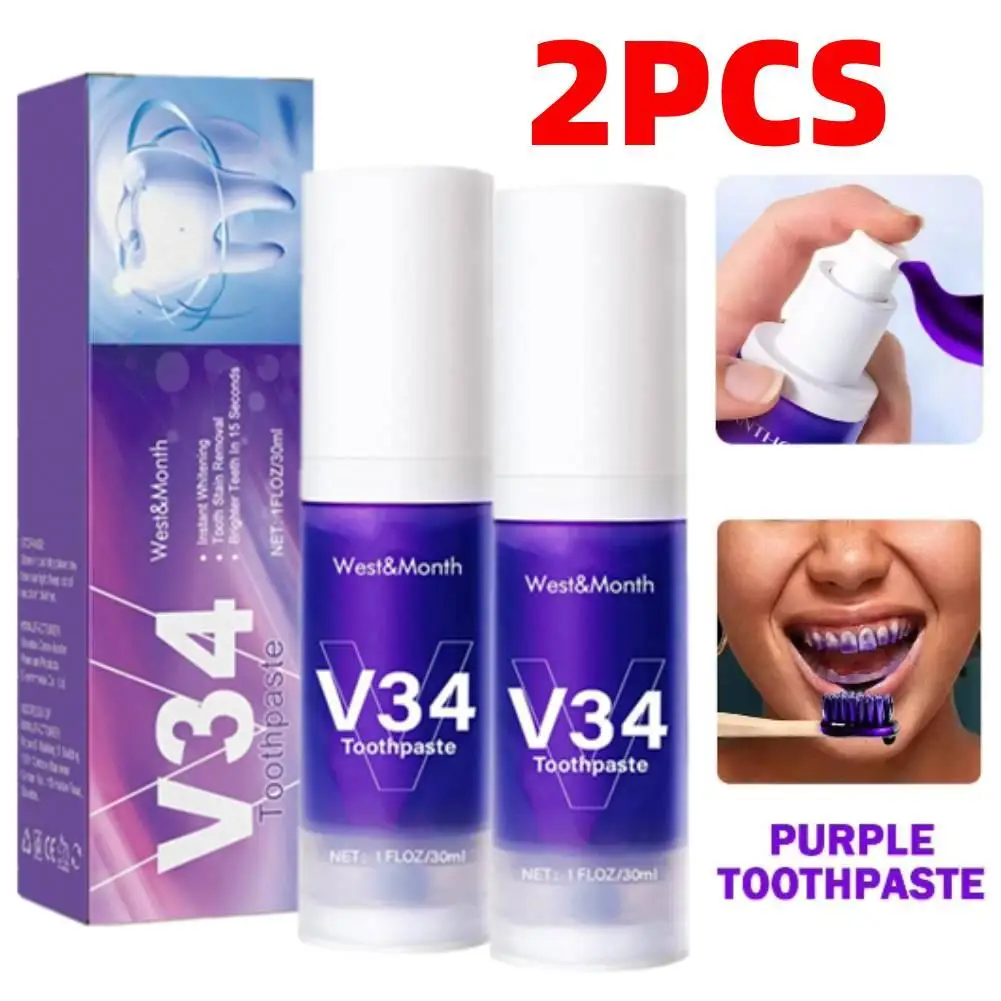 2pcs 30ml V34 Tooth Cleansing Mousse Purple Bottled Press Toothpaste Refreshes Breath Remove Stains Reduce Yellowing Oral Care