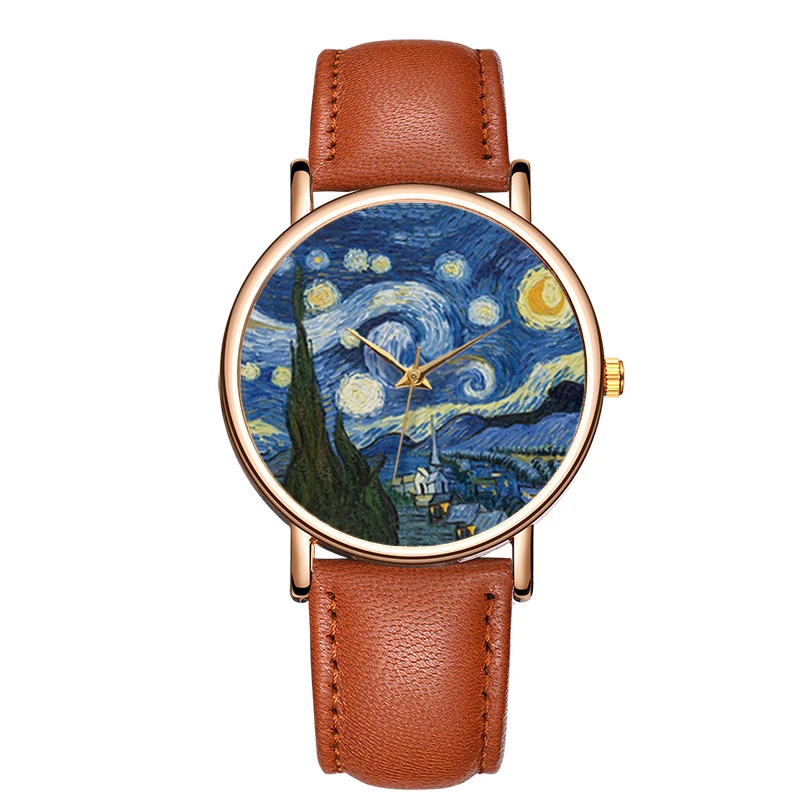 Creative Women\'s Watches Van Gogh Paintings The Starry Night Bracelet Simple Three-pin Leather Strap Ladies Watch Gift For Women