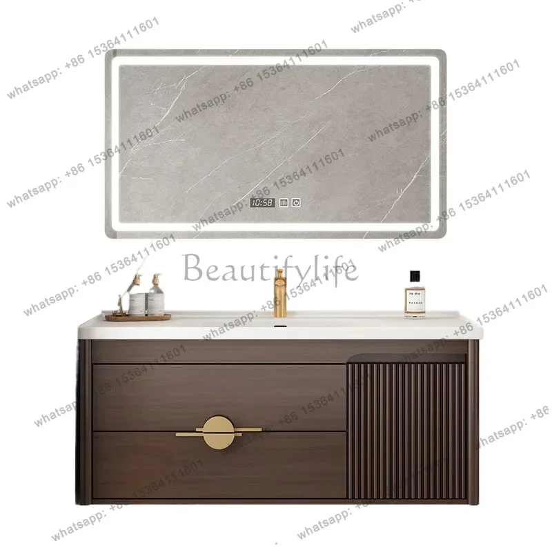 

Modern new Chinese smart bathroom cabinet Solid wood integrated ceramic basin Toilet washstand