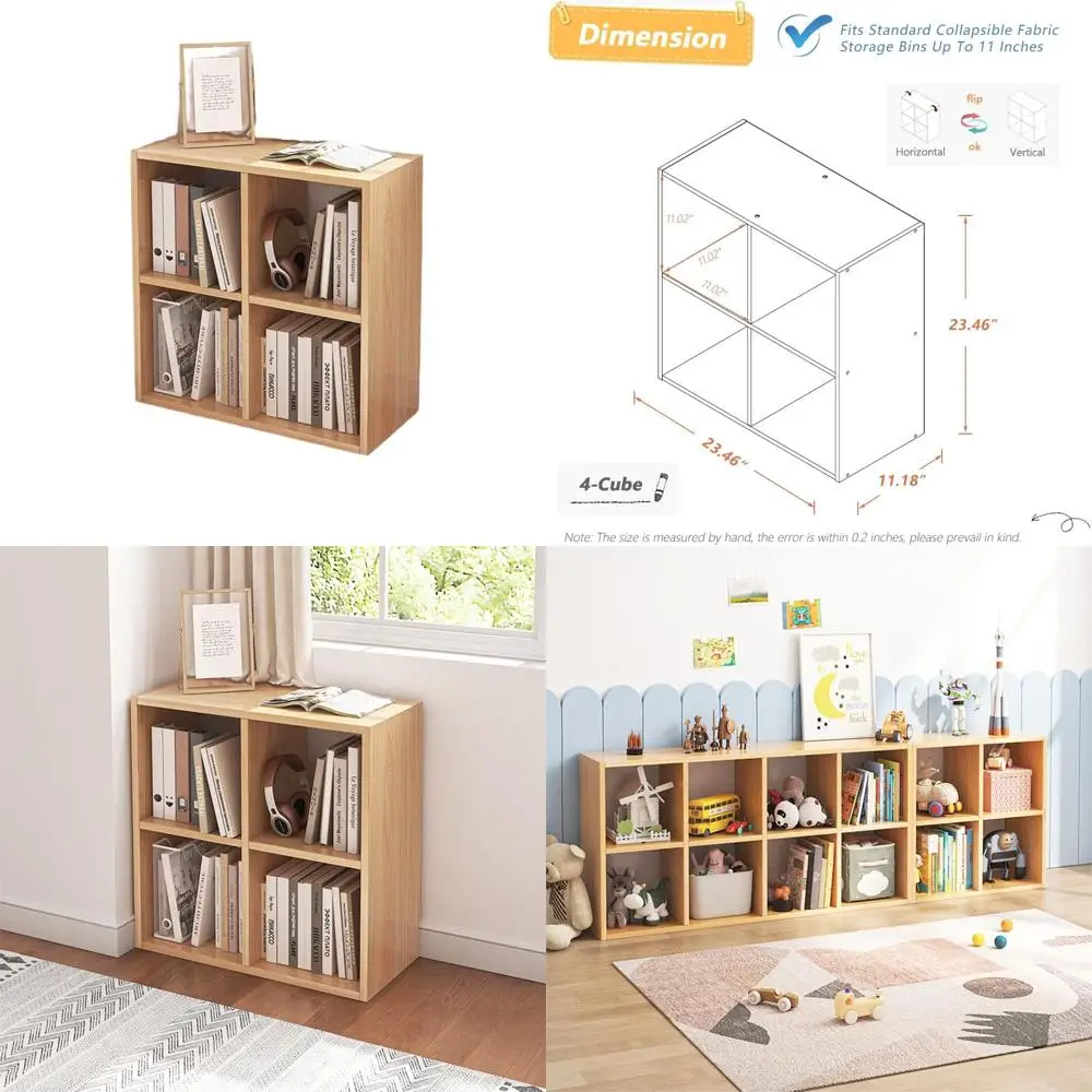 

4 Cube Fabric Storage Bookcase with Open Shelves, Oak Finish