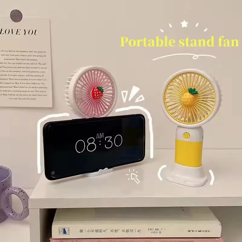 Mini ventilador portátil de desenho animado, ventilador de mesa para estudantes, carregamento USB, frutas, vários estilos e cores, verão