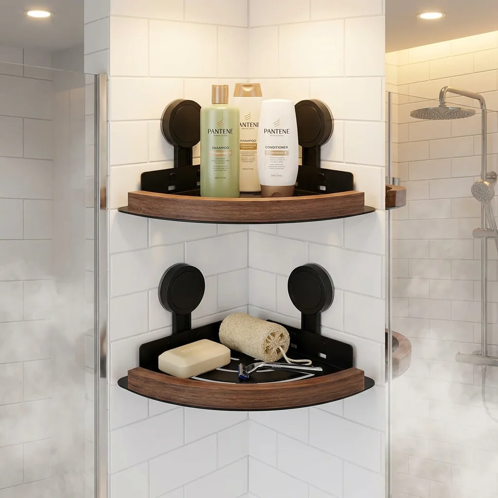 Suction Cup No-Drill Corner Shelf, Stainless Steel Bathroom Wall Mounted Organizer, Walnut Wood Triangle Caddy for Shower Toilet