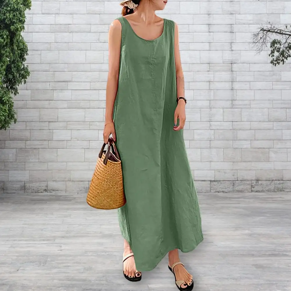 Loose Dress Cotton Linen Pocket Round Neck Sleeveless Dress Women Summer Vintage Vestido Feminino Long