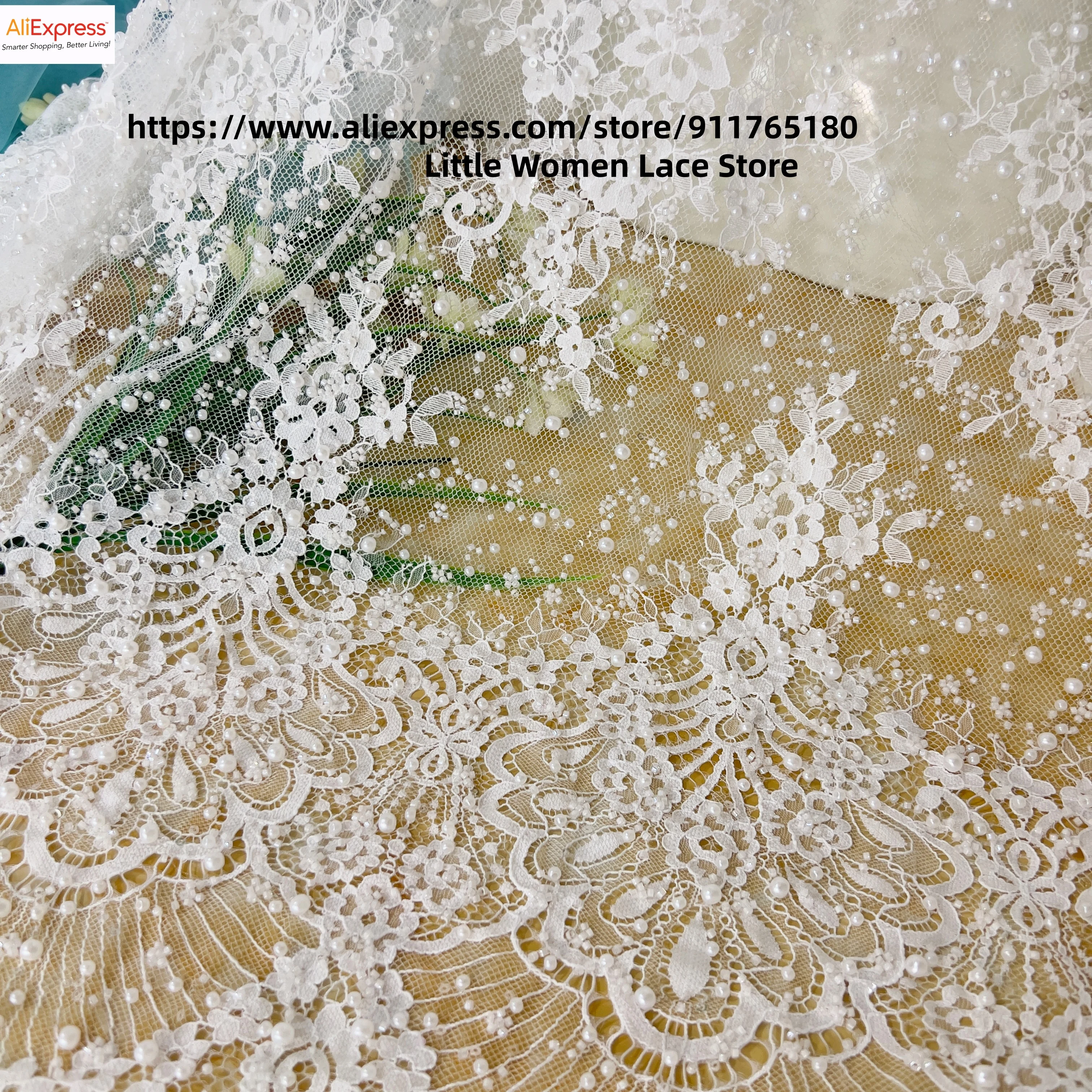 Heavy Weight Pearls Beading Lace Fabric Eyelash French Chantilly Lace Dense Quality Milk White for Wedding 1.4M Wide, 3M Long