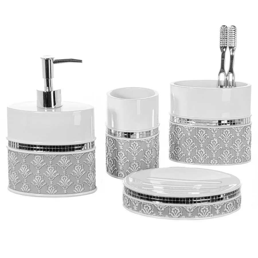

Mirror Damask Bathroom Accessory Set Complete Decorative 4 Piece White and Gray Bathroom Set Includes Soap Dispenser, Soap Dish,