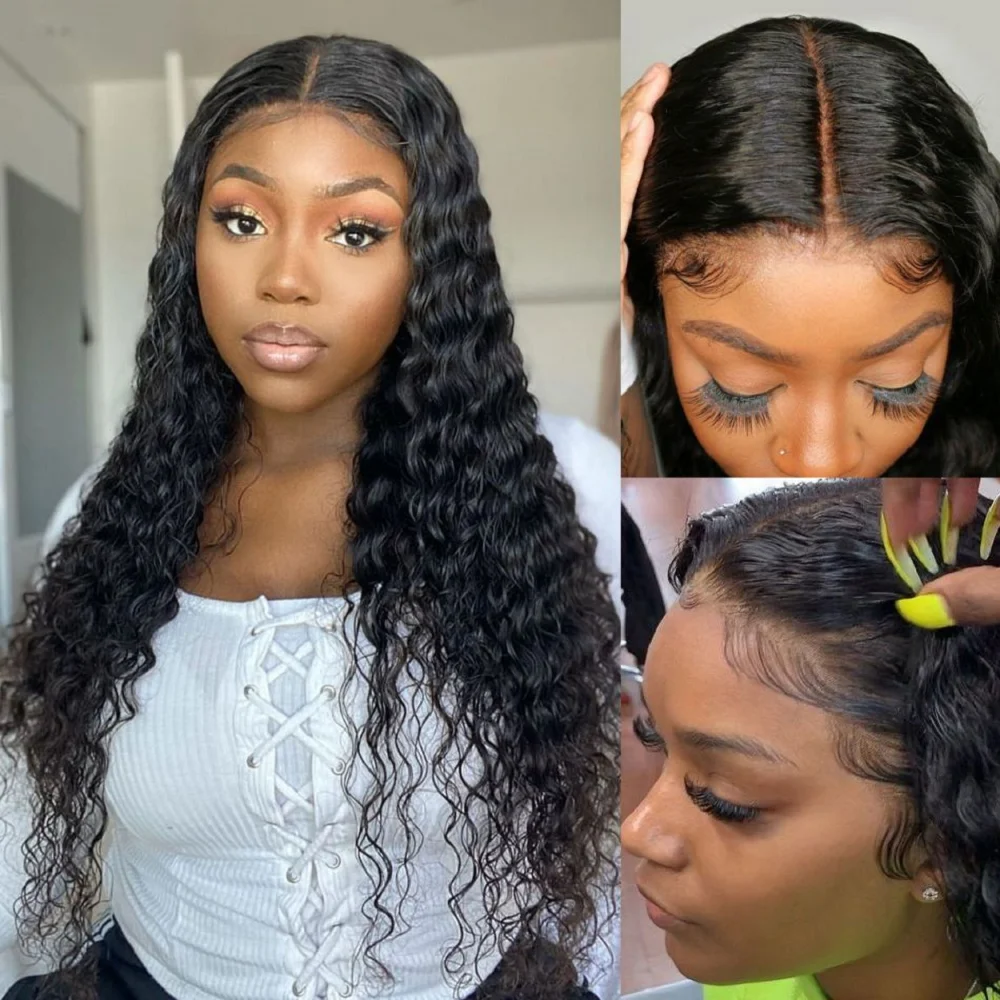 32 Inch Glueless Wig Human Hair For Women Brazilian Deep Wave Lace Front Wig Human Hair Pre Plucked Pre Cut 4x4 Lace Closure Wig