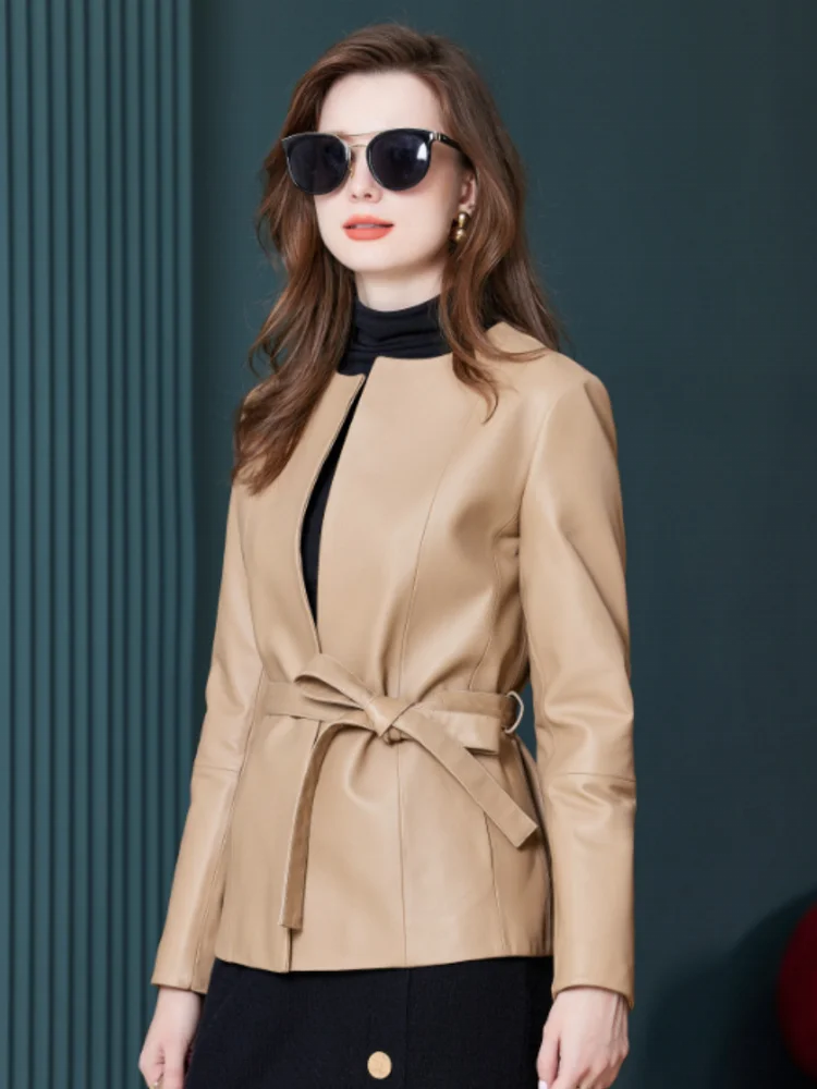 Spring New Women O Neck Belted Slim Fit Soft Real Sheepskin Coat Elegant Office Ladies Genuine Leather Jacket Fashion Outerwear