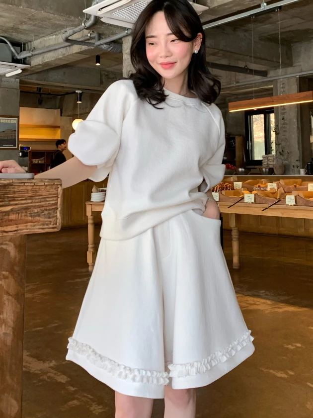 

2026 Summer Fashion Knot Short Sleeve Sweatshirt Women's High Waist Shorts Set Versatile Lace Trim Sweatpants