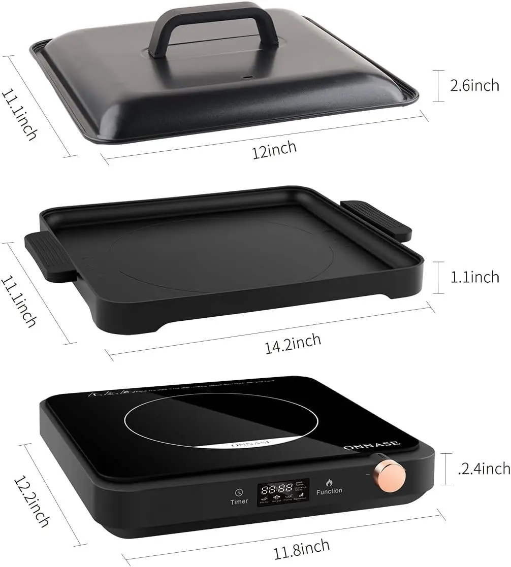 Induction Cooktop with Removable Grill Plate, 1200W 12 Power levels Adjustment High Efficiency Electric Countertop Portable Heat