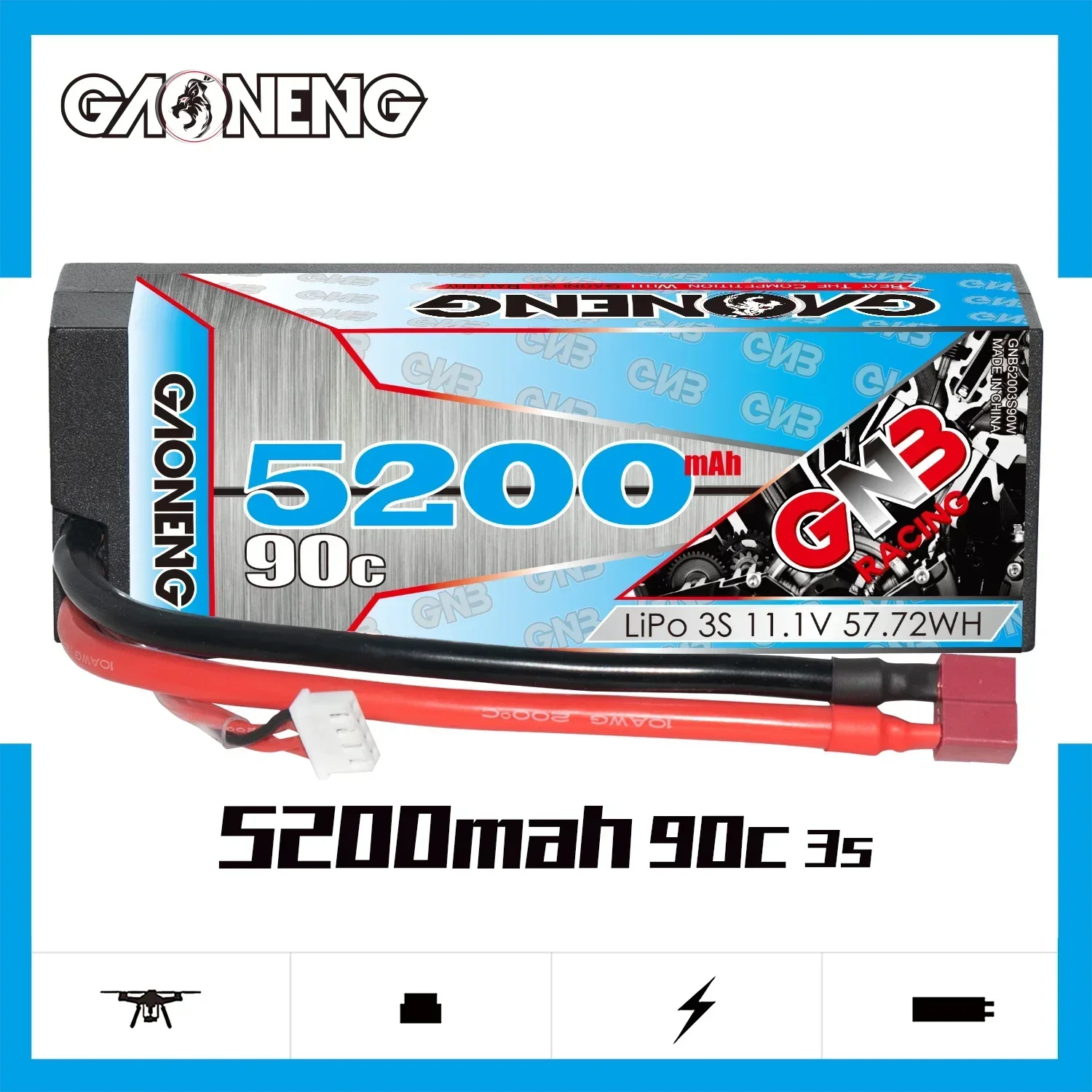 

GAONENG GNB 5200 мАч 3S 90C 180C 11,1 В Жесткий корпус LiPo аккумулятор с кабелем и DEANS 1/10 1/8 масштаб RC Hobby модели