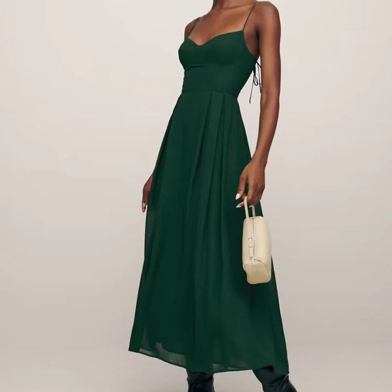 YENKYE Women French Style Green Sling Dress Sexy Sleeveless A-line Midi Female Summer Chiffon Dresses