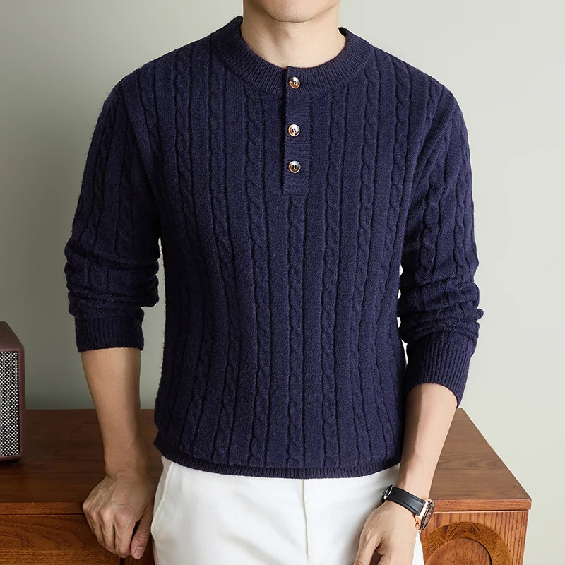 Luxury button round neck knitted sweater men new fashion high-quality solid color jacquard comfort warm autumn winter pullover