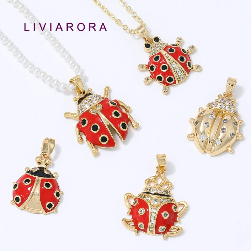 1Pc 18K Gold Plated Brass Red Black Enamel Ladybug Pendants Inlaid Zircon Lucky Beetle Bug Insect Charms For DIY Jewelry Making