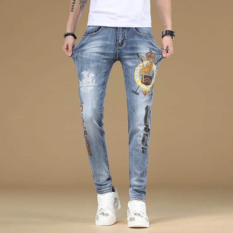 

Affordable luxury fashion skinny jeans for men 2024 new high-end fashionable printed casual stretch denim slim-fit trousers