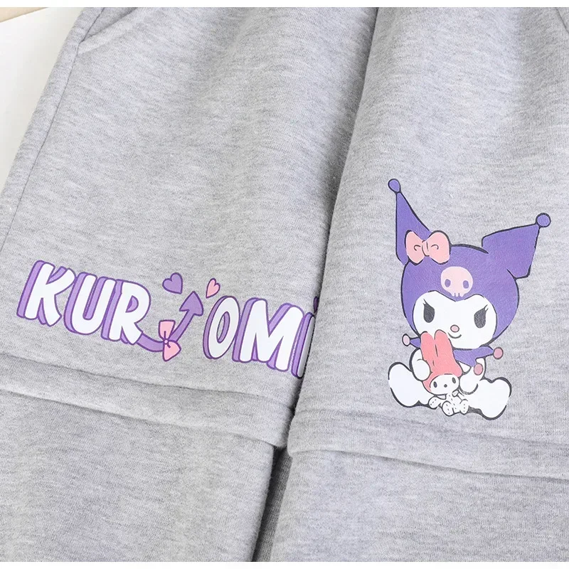 MINISO Kuromi-Sweat à capuche et pantalon à manches longues, anime Kawaii, sourire, dessin animé mignon, t-shirt épaissi, jouets cadeaux, automne, hiver, 2 pièces