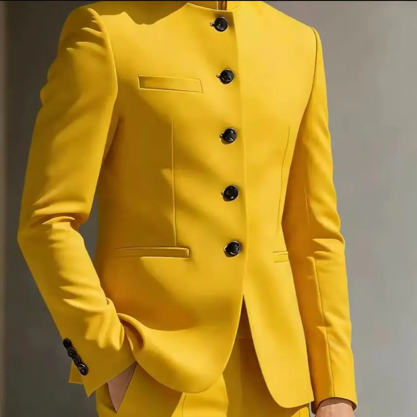 Latest Design 2 Pcs Men Suits Business Suits Stand Collar Slim Fit Blazer Pants Set Formal Wedding Office Outfit Tailored Outfit