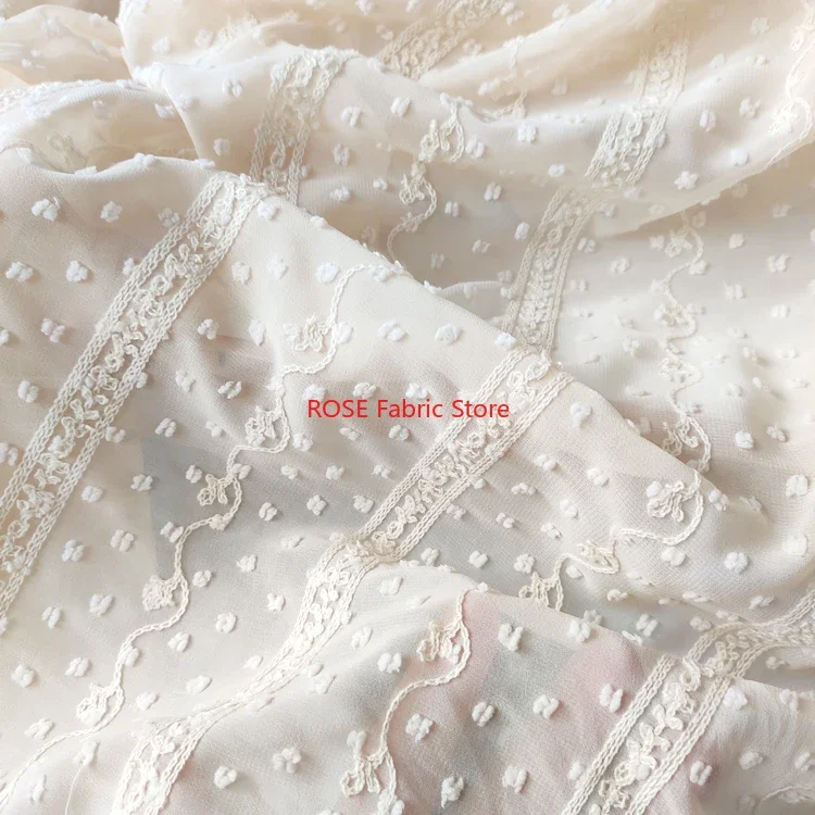Beige Striped Flower lace fabric, Soft Chiffon Polka Dots fabric for Blouse, Lace Top, Spring Dress, Vintage Dress, Beach Dress