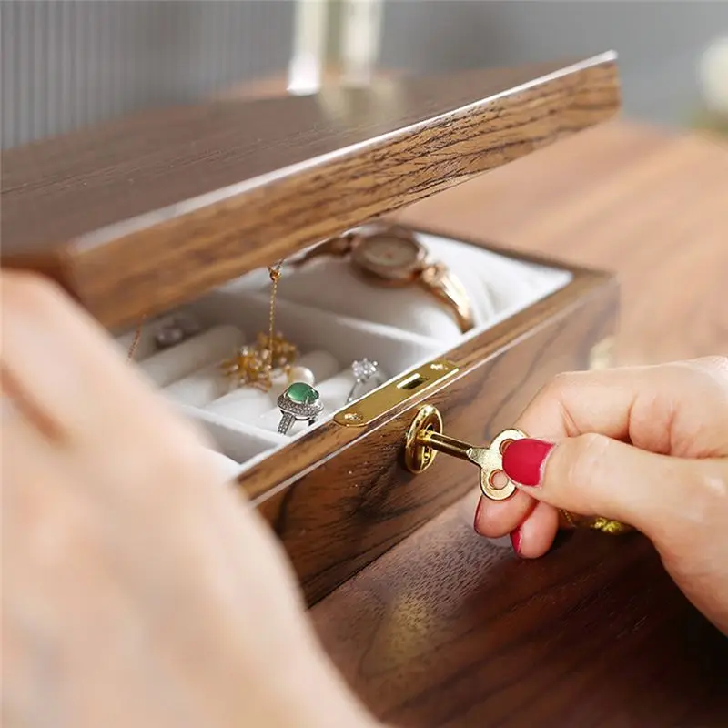 B84B Wooden Flip Jewelry Organizer Box Watch Earrings Ring Holder Storage with Lock