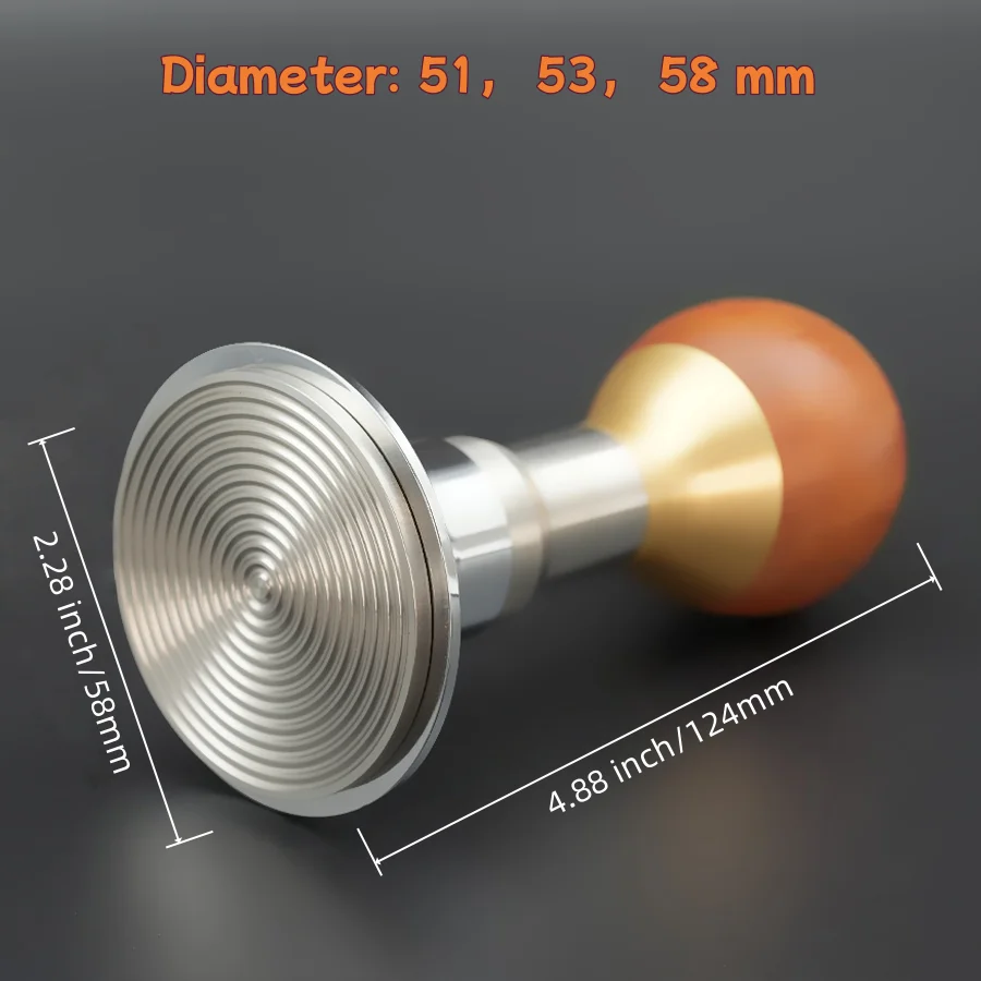 1Pc Italian Espresso Tamper/Coffee Tool/Patented Product/Maintains Constant Output Pressure/304 Stainless Steel/Diameter 51, 53, 58Mm/Natural Rosewood Handle/Threaded Base