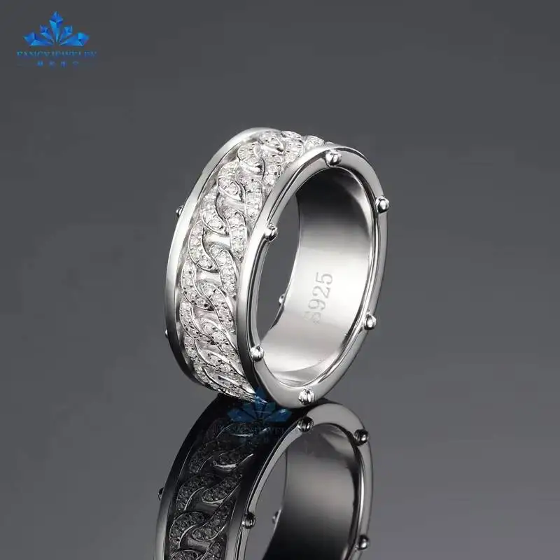 Fine Jewelry Iced Out Hip Hop Cuban Link Ring Gold Plated 925 Sterling Silver VVS Moissanite Diamond Finger Band Ring for Men