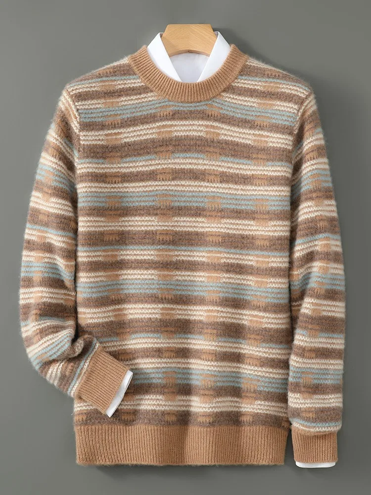 

100% Merino wool men's round neck autumn and winter striped fashionable casual base sweater knitted sweater